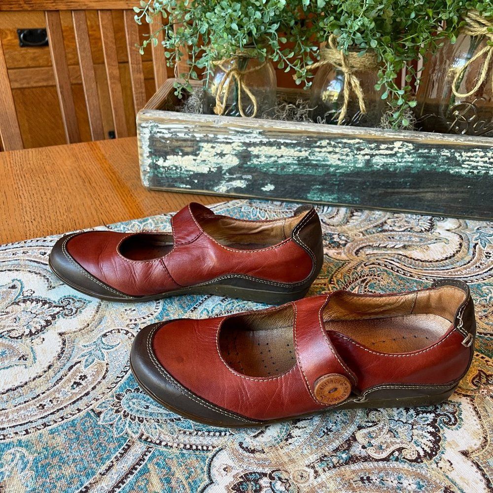Pikolinos Mary Jane Shoes Leather Button Toe Brown Red EU37 6.5 to 7